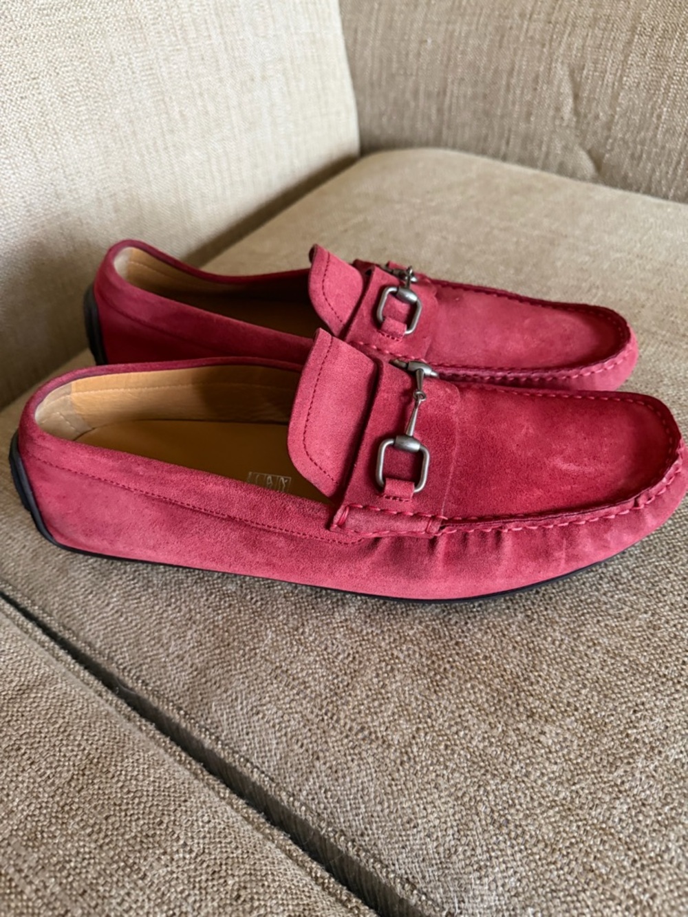 Gucci Red Suede Horsebit Loafers - Picture 2 of 7